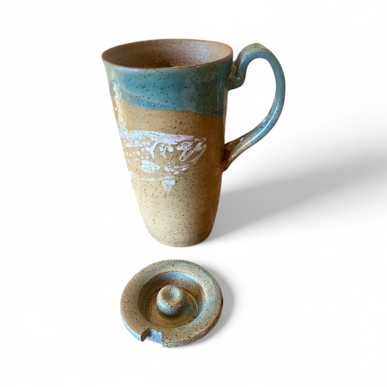 Handmade Trout Themed Ceramic Travel Mug – 16 oz Stoneware Tumbler with Locking Ceramic Lid