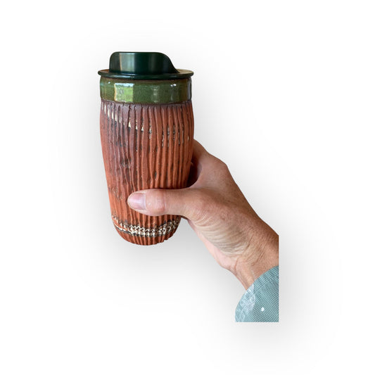 Handcrafted Forest Green Agateware 16-Ounce Travel Mug: Fluted Stoneware Ceramic Cup  (B-18)