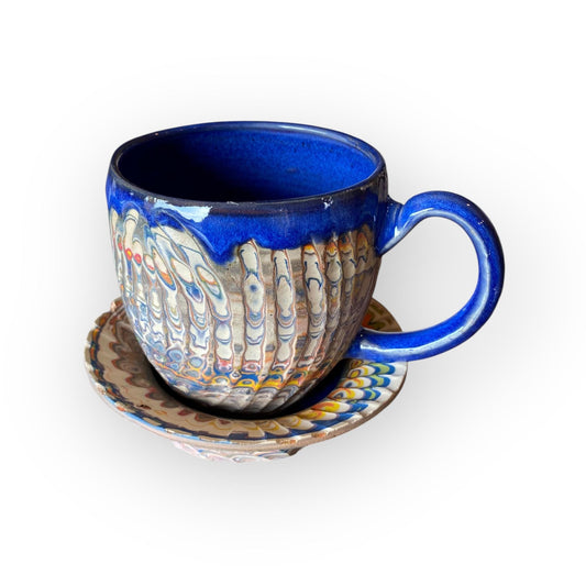 Artisanal Rainbow Agateware Tea Cup Set: Handcrafted Stoneware Pottery for Collectors & Enthusiasts