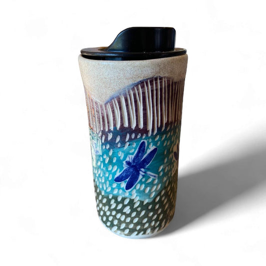 Handcrafted Porcelain Dragonfly Travel Mug: Carved Stoneware Coffee Cup for Commuters