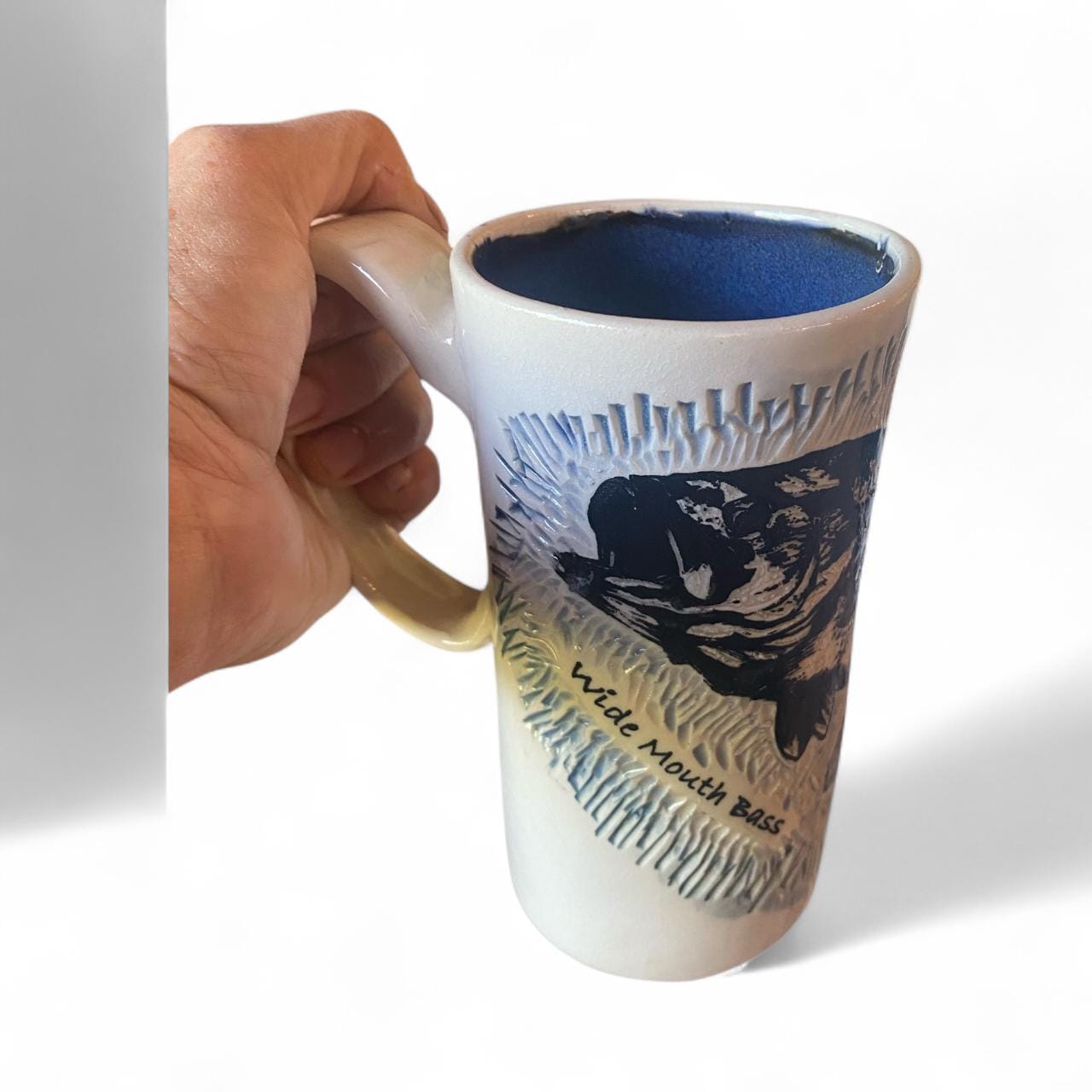 Handmade Sgraffito Bass Travel Mug: 16 oz Ceramic Coffee Cup with Lid