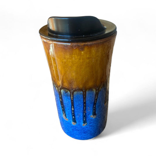 Handmade Caramel & Blue Porcelain Travel Mug: Locking Lid