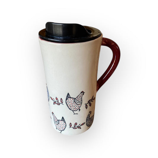 Chicken Travel Mug – 16 oz Handmade Ceramic To-Go Cup with Lid | USA Made Pottery Coffee Mug | Farmhouse Chicken Gift for Coffee Lovers