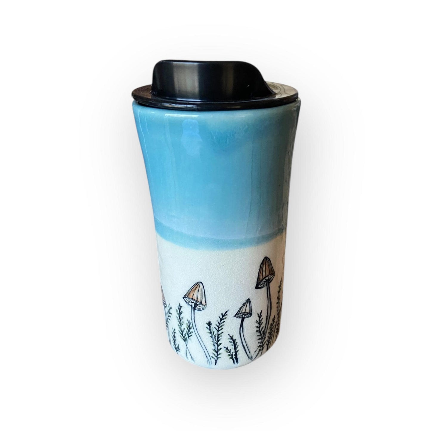 Handmade Green Travel Mug Embellished with Mushrooms -  Travel Coffee Cup - Porcelain Travel Mug - Pottery Mug -  Coffee Mug