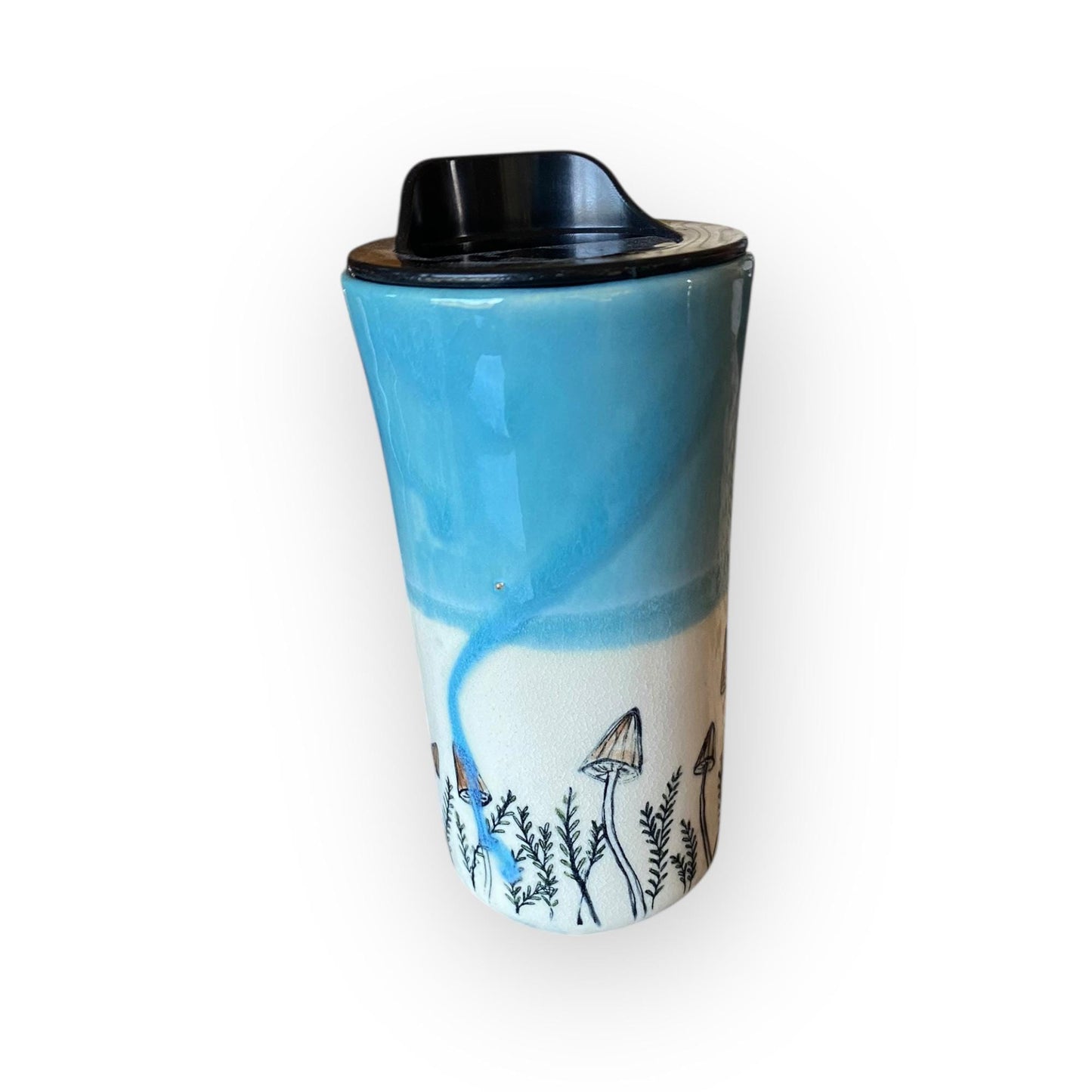 Handmade Green Travel Mug Embellished with Mushrooms -  Travel Coffee Cup - Porcelain Travel Mug - Pottery Mug -  Coffee Mug