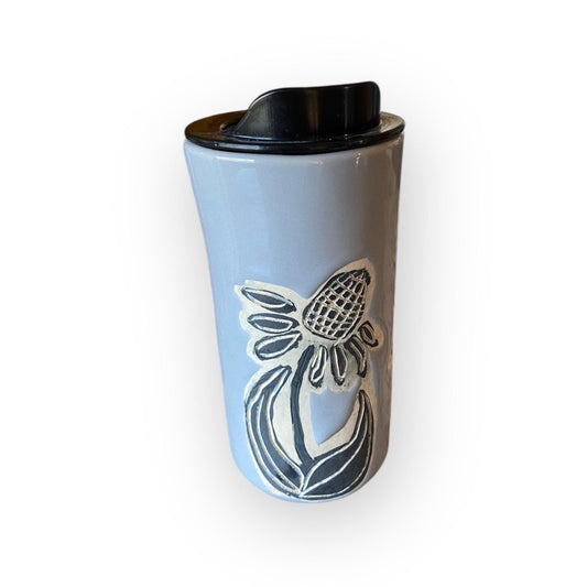 Handmade Travel Mug With Carved Cone Flower Design – 16 oz Stoneware Ceramic with BPA-Free Locking Lid | Artisan Coffee & Tea Cup