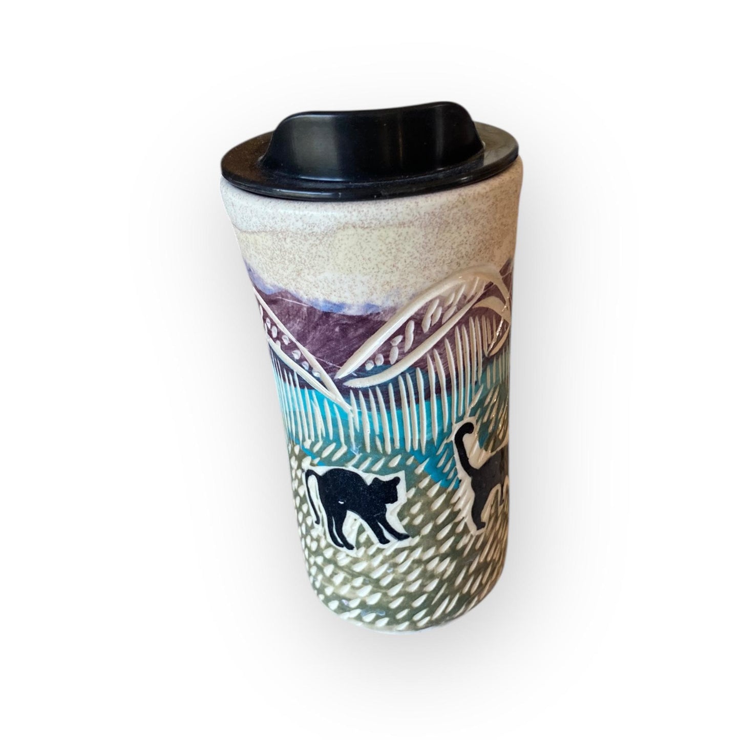 Handcrafted Travel Mug – 16 oz Stoneware Coffee Cup with Carved Cat Design, BPA-Free Locking Lid & Silicone Sleeve | Pottery for Commuters