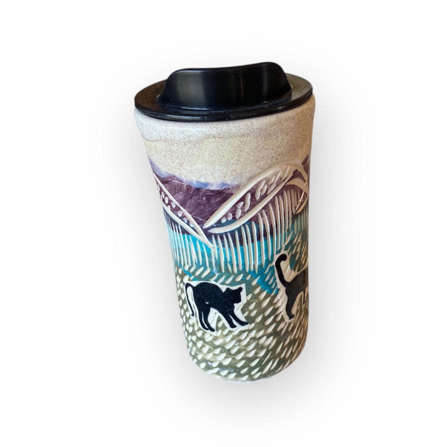 Handcrafted Travel Mug – 16 oz Stoneware Coffee Cup with Carved Cat Design, BPA-Free Locking Lid & Silicone Sleeve | Pottery for Commuters