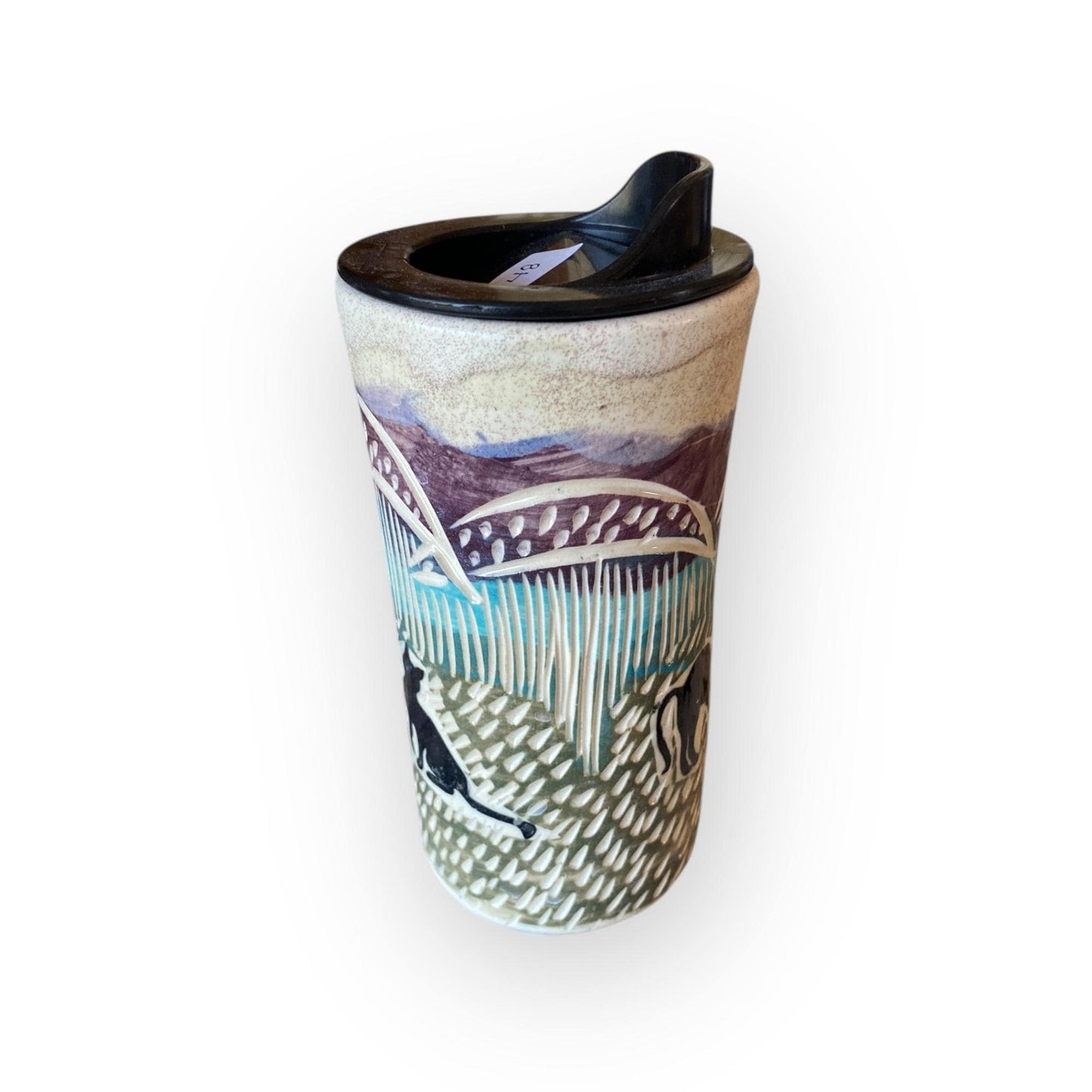Handcrafted Travel Mug – 16 oz Stoneware Coffee Cup with Carved Cat Design, BPA-Free Locking Lid & Silicone Sleeve | Pottery for Commuters