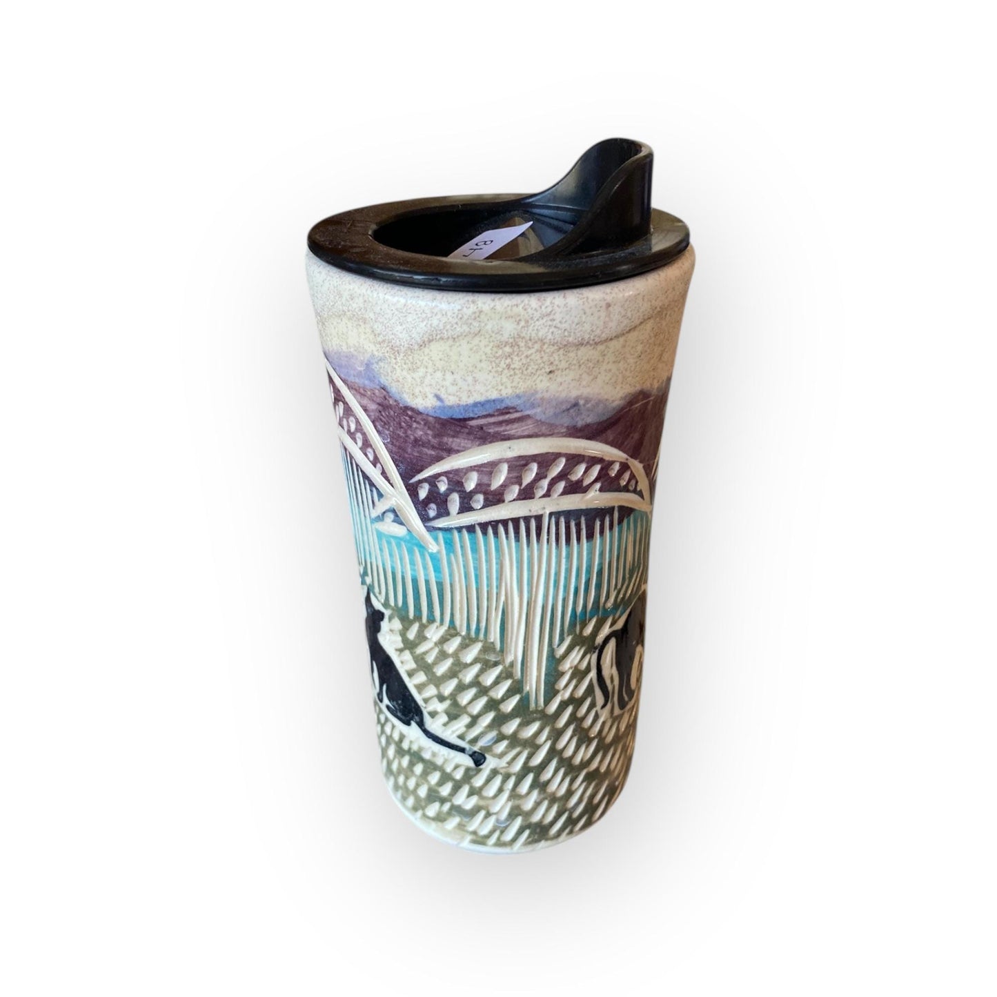 Handcrafted Travel Mug – 16 oz Stoneware Coffee Cup with Carved Cat Design, BPA-Free Locking Lid & Silicone Sleeve | Pottery for Commuters
