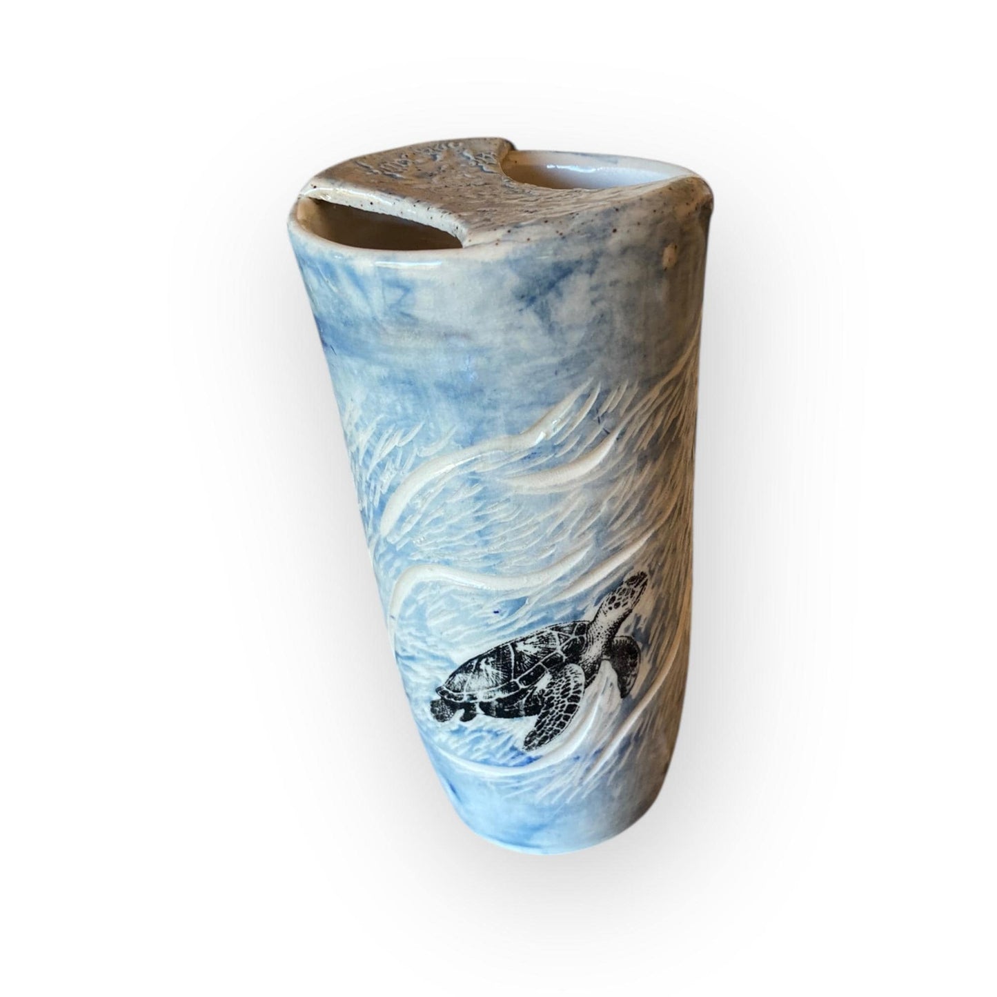 Plastic-Free Ceramic Travel Mug with A Turtle Theme – 16 oz Handmade Stoneware Tumbler with Attached Lid  | Eco-Friendly Pottery Cup