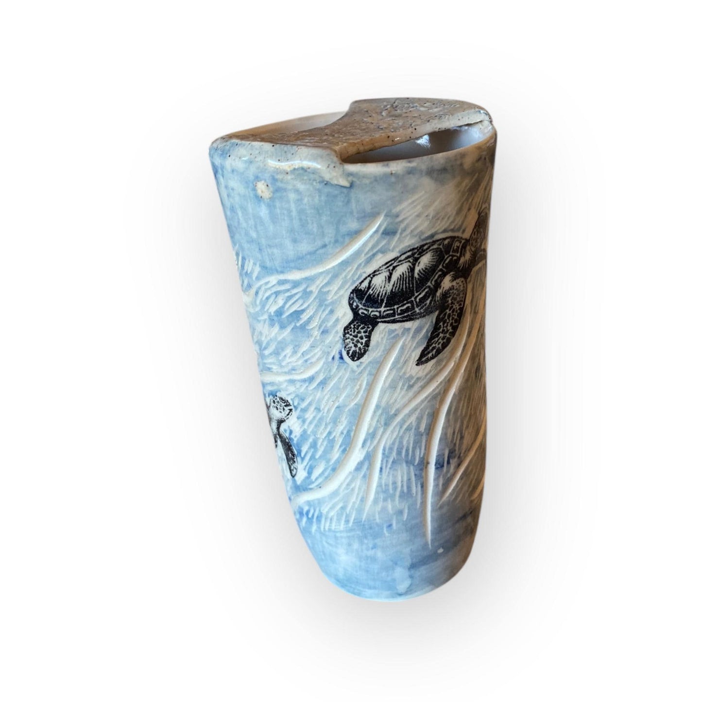 Plastic-Free Ceramic Travel Mug with A Turtle Theme – 16 oz Handmade Stoneware Tumbler with Attached Lid  | Eco-Friendly Pottery Cup