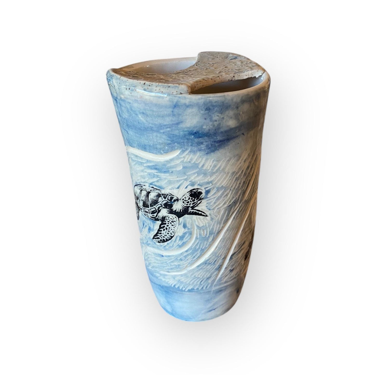 Plastic-Free Ceramic Travel Mug with A Turtle Theme – 16 oz Handmade Stoneware Tumbler with Attached Lid  | Eco-Friendly Pottery Cup