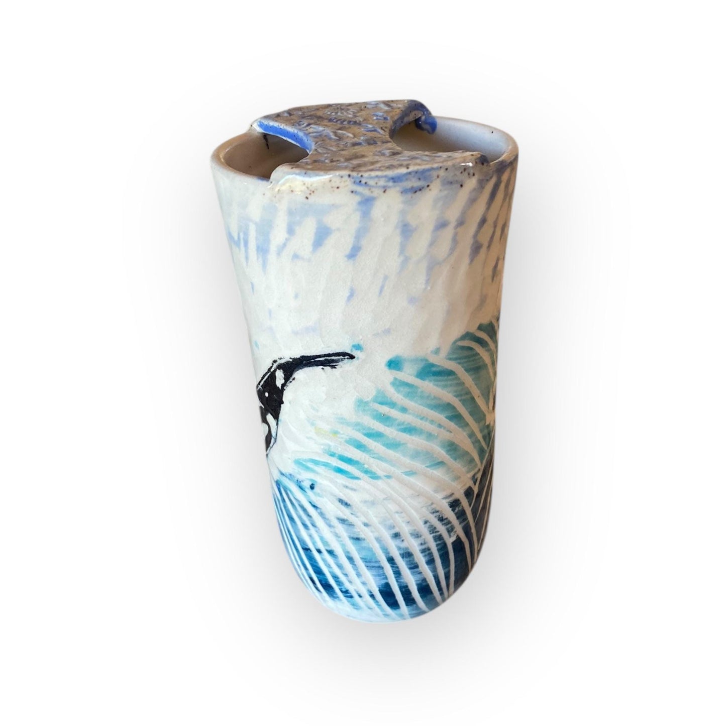 Plastic-Free Orca Themed Ceramic Travel Mug – 16 oz Handmade Stoneware Tumbler with Attached Lid  | Eco-Friendly Pottery Cup