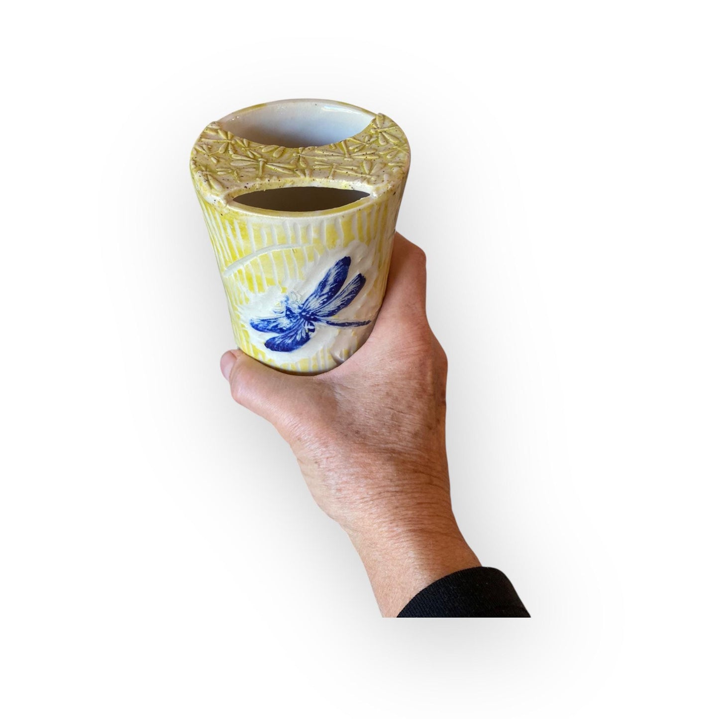 Plastic-Free Dragonfly Themed Ceramic Travel Mug – 16 oz Handmade Stoneware Tumbler with Attached Lid  | Eco-Friendly Pottery Cup