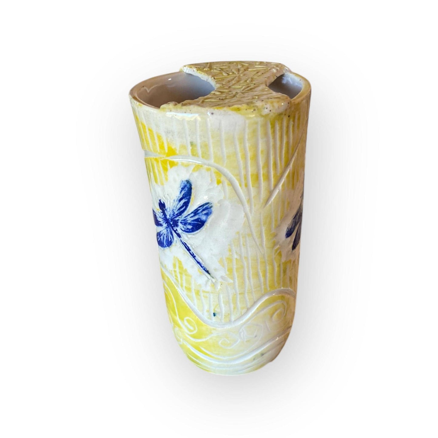 Plastic-Free Dragonfly Themed Ceramic Travel Mug – 16 oz Handmade Stoneware Tumbler with Attached Lid  | Eco-Friendly Pottery Cup