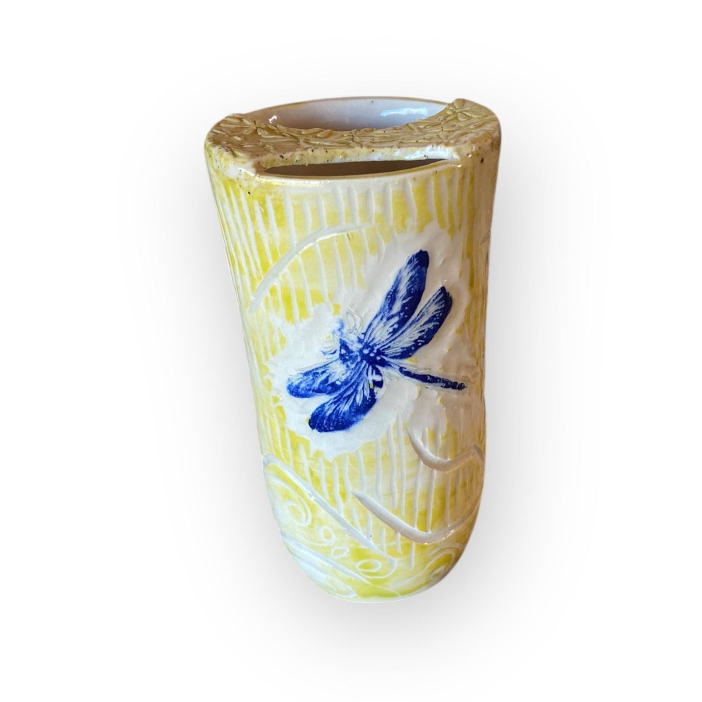 Plastic-Free Dragonfly Themed Ceramic Travel Mug – 16 oz Handmade Stoneware Tumbler with Attached Lid  | Eco-Friendly Pottery Cup