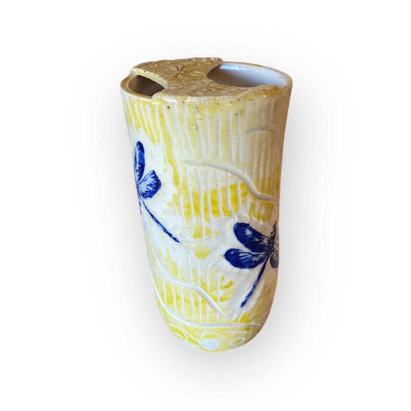 Plastic-Free Dragonfly Themed Ceramic Travel Mug – 16 oz Handmade Stoneware Tumbler with Attached Lid  | Eco-Friendly Pottery Cup