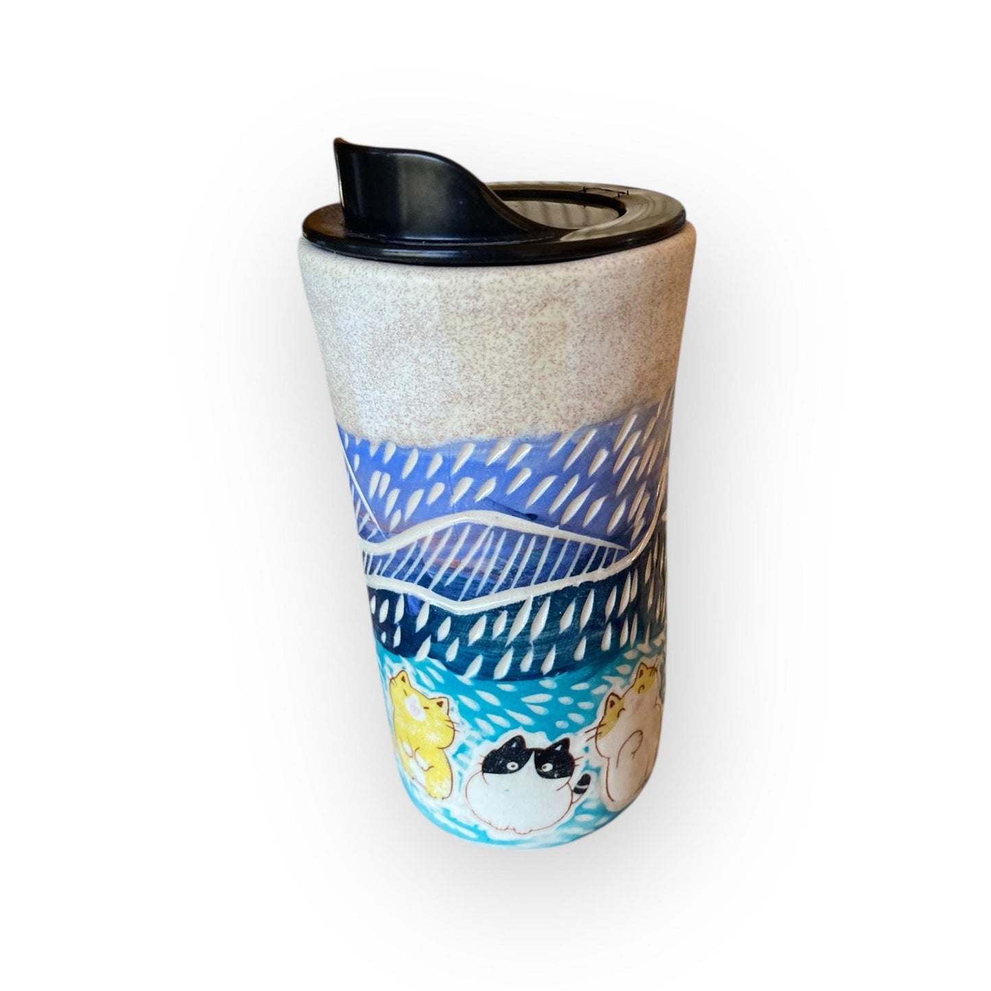 Handcrafted Cat Travel Mug – 16 oz Porcelain Sgraffito Stoneware Coffee Cup | Carved Ceramic Mug for Commuters & Cat Lovers