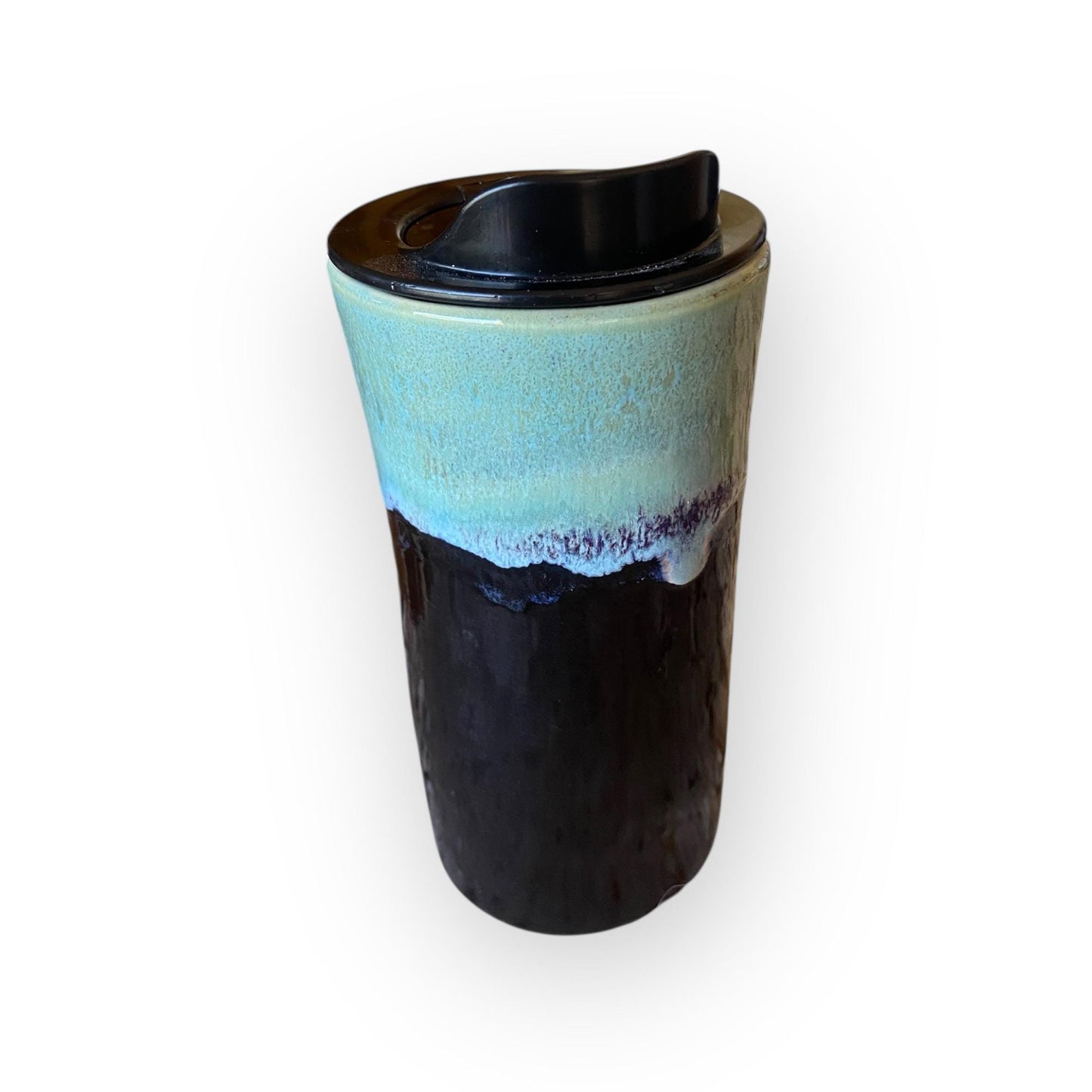 Handmade Reactive Turquoise & Black Travel Mug – 16 oz Porcelain Stoneware Coffee Cup | Artisan Ceramic Pottery Mug for Commuters