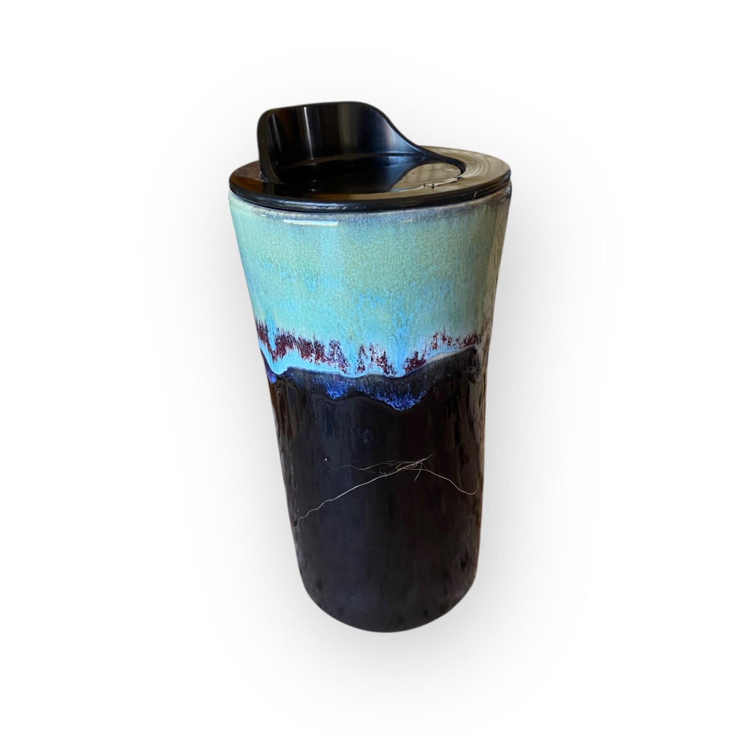 Handmade Reactive Turquoise & Black Travel Mug – 16 oz Porcelain Stoneware Coffee Cup | Artisan Ceramic Pottery Mug for Commuters
