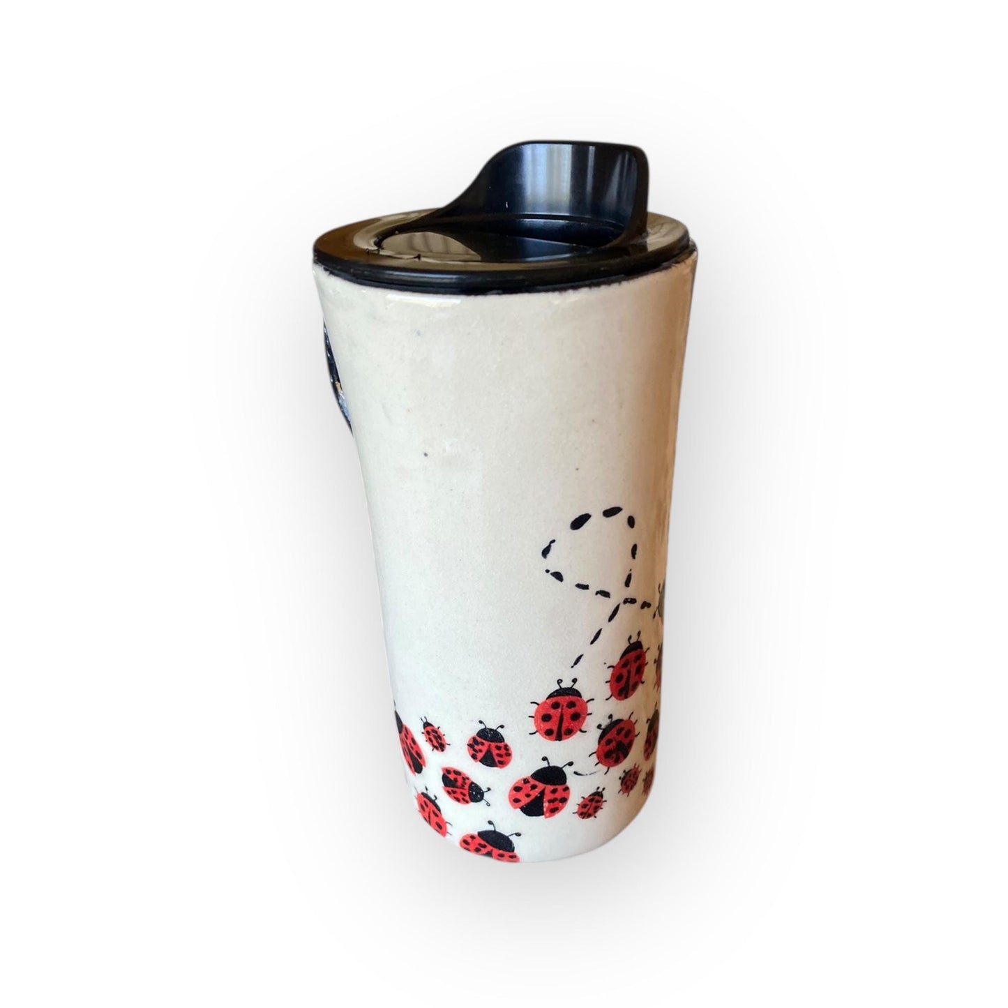 Large 16 oz Ladybug Travel Mug – Handmade Stoneware Coffee Cup with BPA-Free Locking Lid | Pottery To-Go Mug | Artisan Ceramic Mug