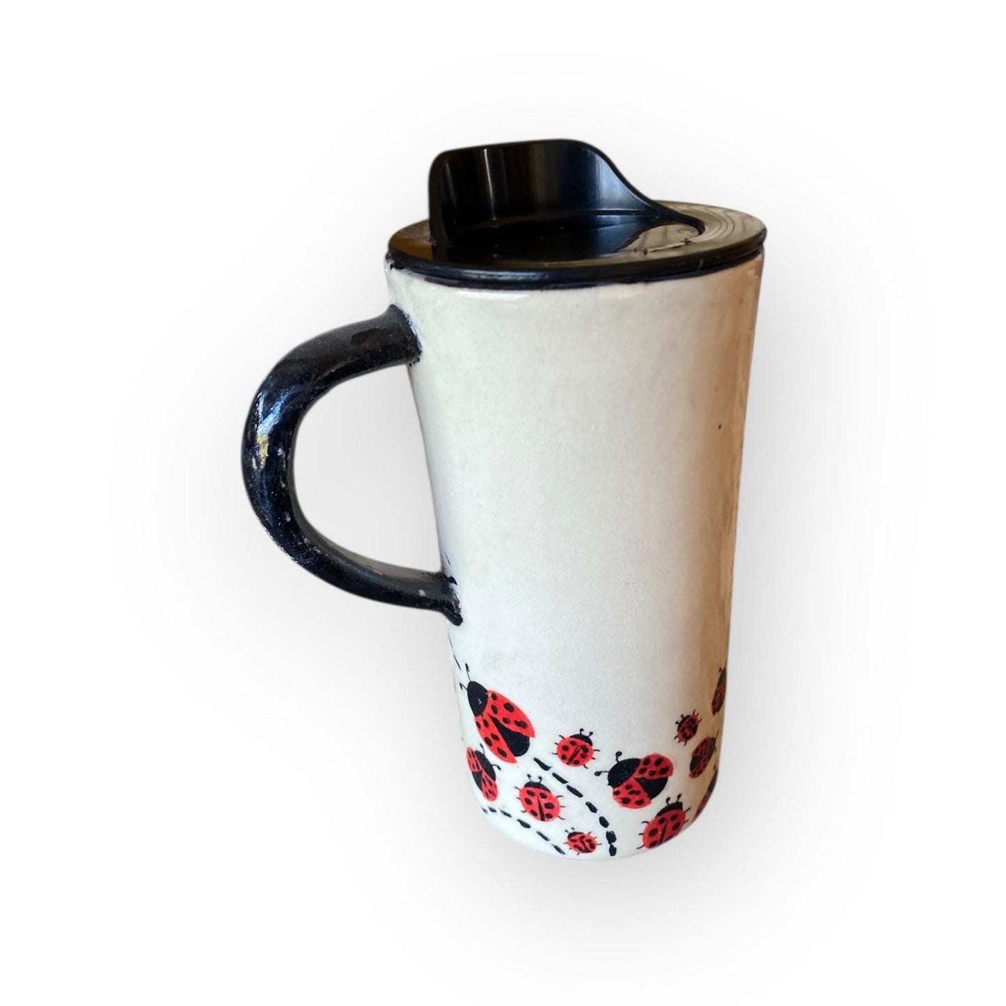 Large 16 oz Ladybug Travel Mug – Handmade Stoneware Coffee Cup with BPA-Free Locking Lid | Pottery To-Go Mug | Artisan Ceramic Mug