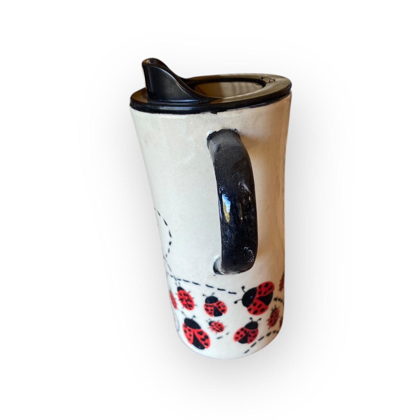 Large 16 oz Ladybug Travel Mug – Handmade Stoneware Coffee Cup with BPA-Free Locking Lid | Pottery To-Go Mug | Artisan Ceramic Mug