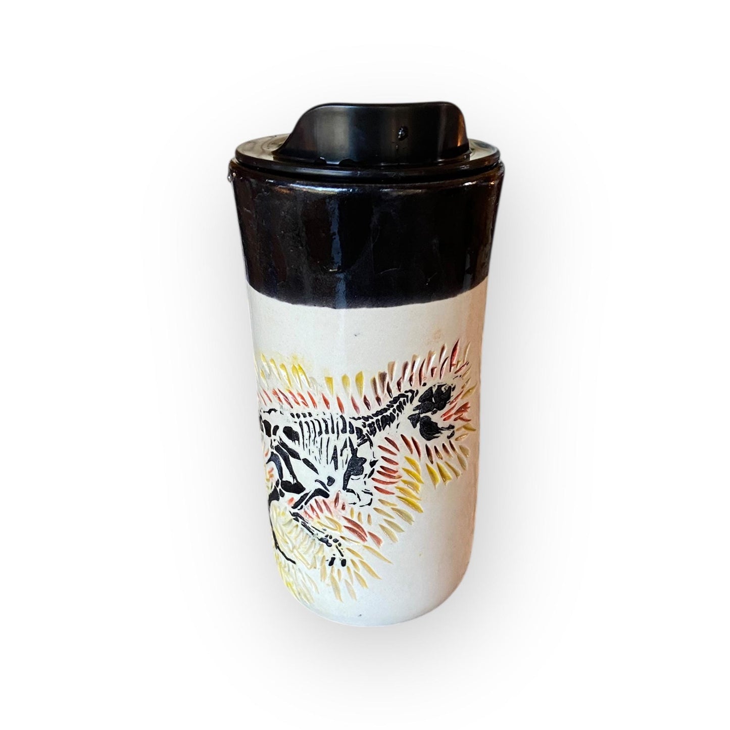 Handmade T-Rex Travel Mug – 16 oz Porcelain Stoneware Coffee Cup with Carved Design & Locking Lid | Artisan Ceramic Mug for Commuters