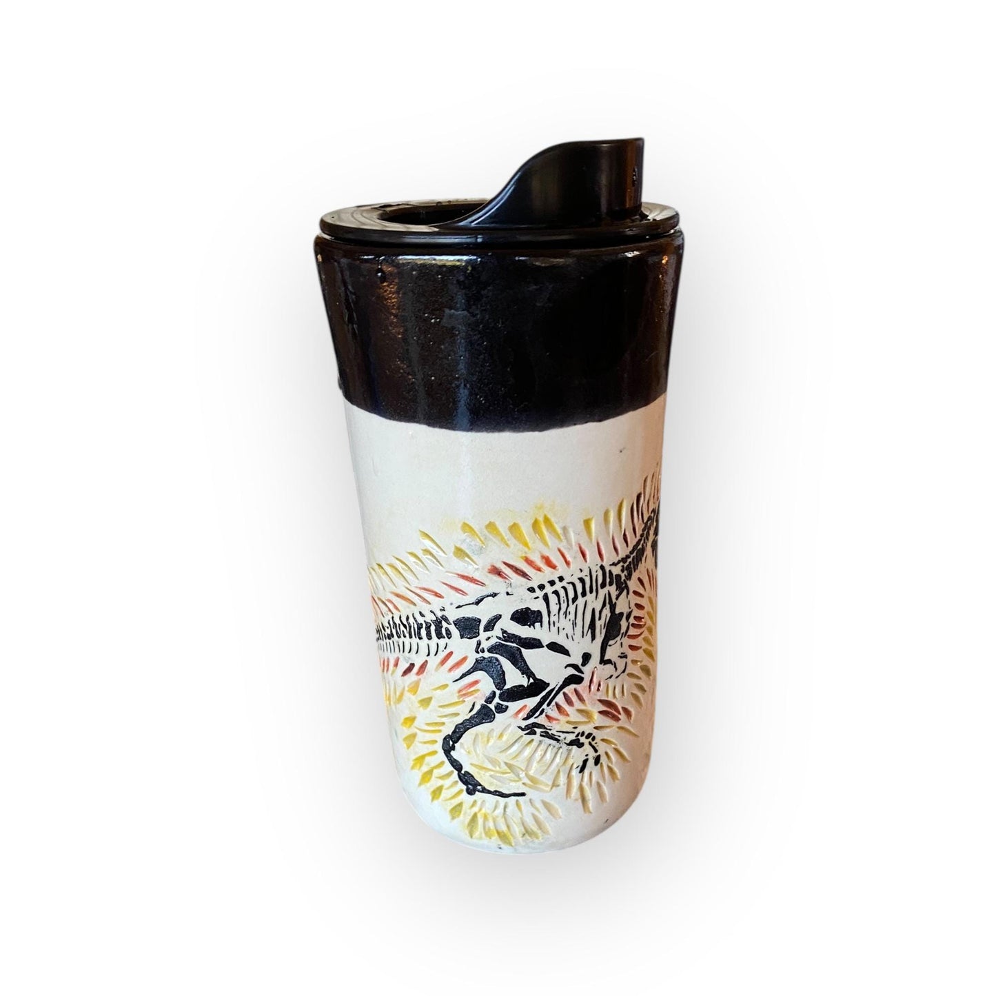 Handmade T-Rex Travel Mug – 16 oz Porcelain Stoneware Coffee Cup with Carved Design & Locking Lid | Artisan Ceramic Mug for Commuters