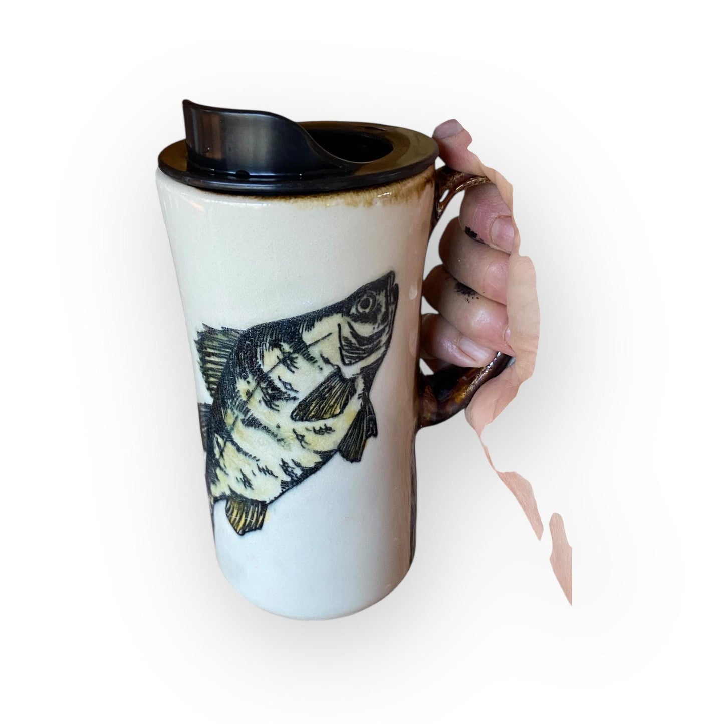 Handmade Bass Travel Mug – 16 oz Ceramic Coffee Cup with BPA-Free Locking Lid | Silkscreened Fish Design | Artisan Pottery Mug for Anglers