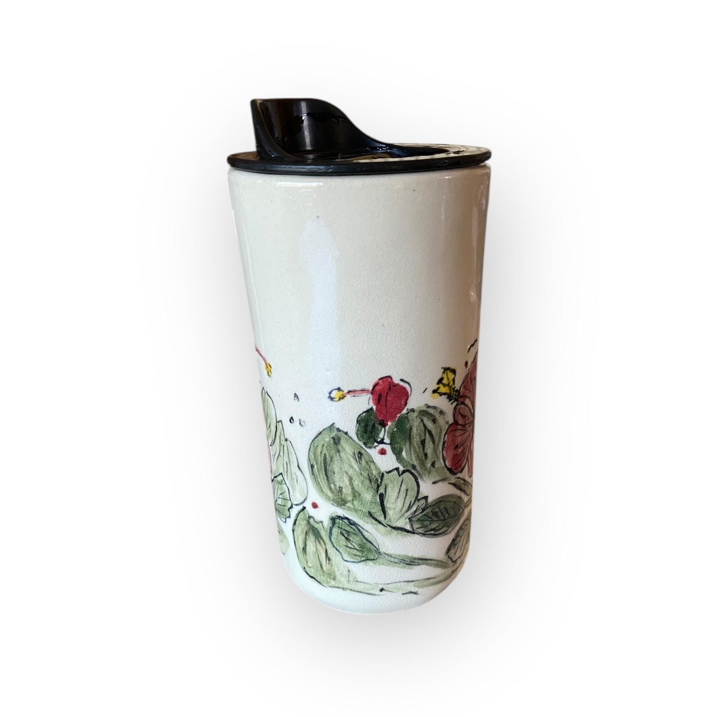 Hand-Painted Hibiscus Stoneware Travel Mug – 16 oz Ceramic Coffee Cup with Silkscreen Design | Handmade Pottery Mug for Nature Lovers
