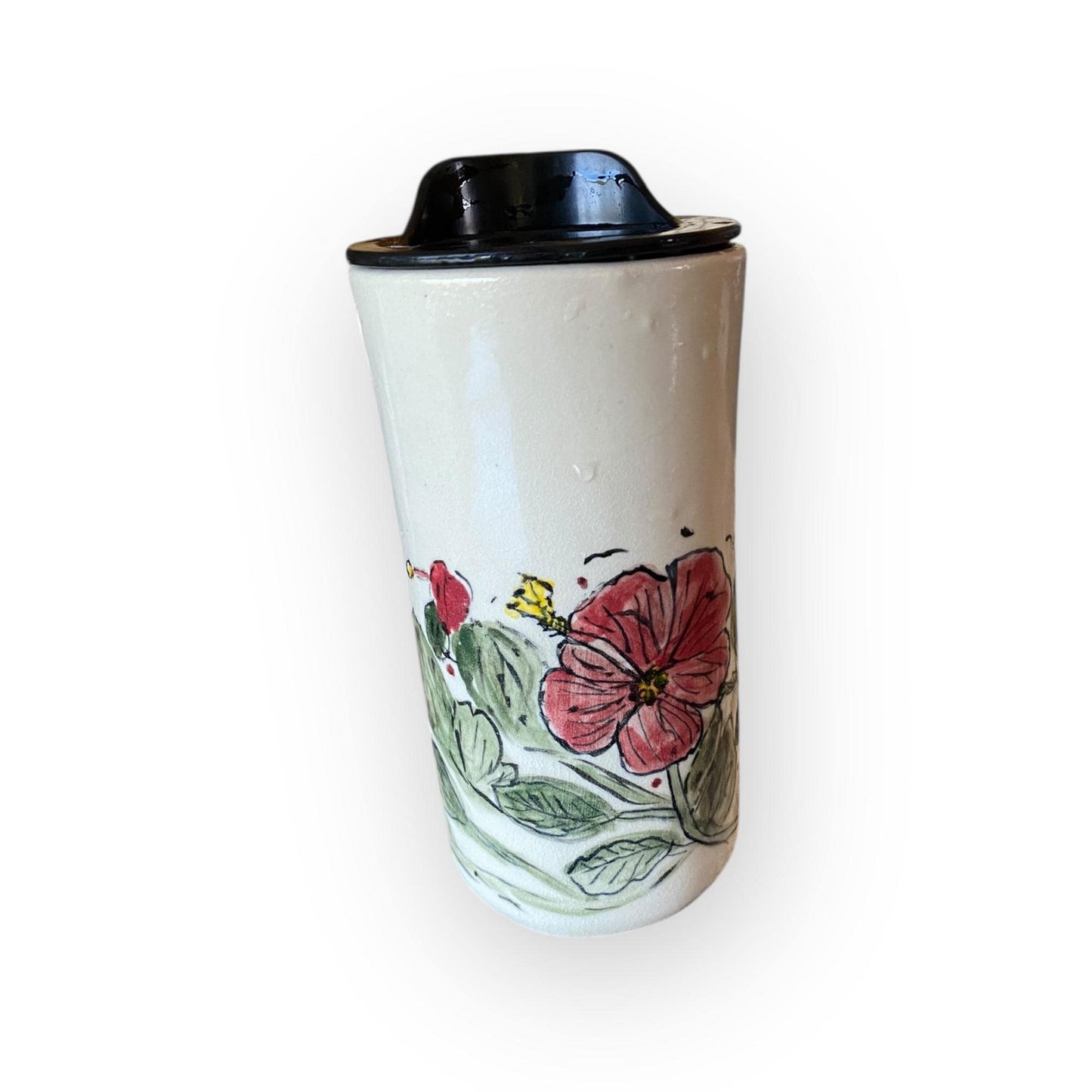 Hand-Painted Hibiscus Stoneware Travel Mug – 16 oz Ceramic Coffee Cup with Silkscreen Design | Handmade Pottery Mug for Nature Lovers