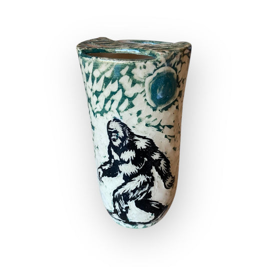 Plastic-Free Ceramic Travel Mug – 16 oz Handmade Stoneware Tumbler with Attached Lid | Sgraffito Bigfoot Design | Eco-Friendly Coffee Cup