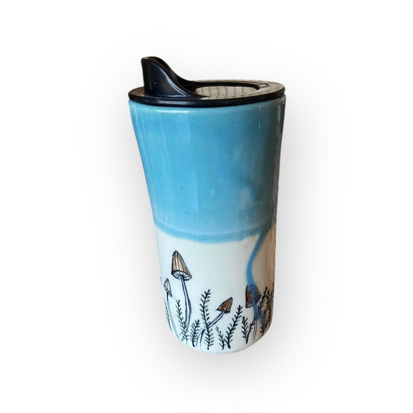 Handmade Green Travel Mug Embellished with Mushrooms -  Travel Coffee Cup - Porcelain Travel Mug - Pottery Mug -  Coffee Mug