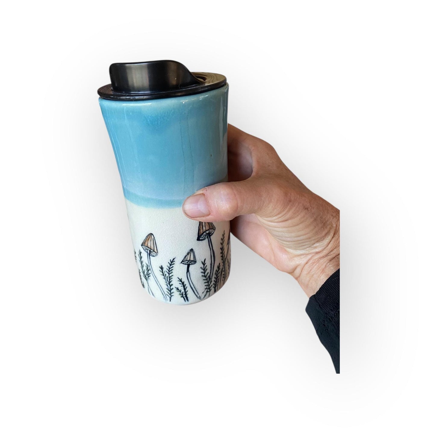 Handmade Green Travel Mug Embellished with Mushrooms -  Travel Coffee Cup - Porcelain Travel Mug - Pottery Mug -  Coffee Mug