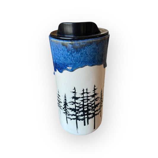 Handmade Stoneware with Locking Lid | Tree Design Ceramic Coffee Cup | Pottery Mug for Nature Lovers & Outdoor Adventures