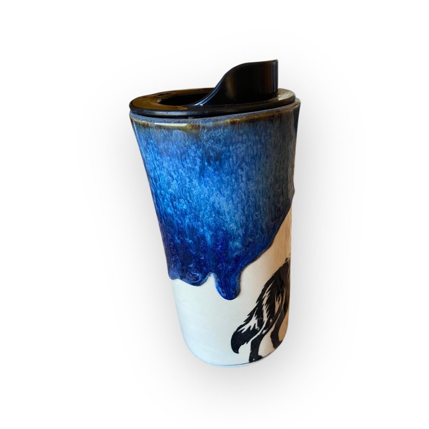 Handmade Wolf Travel Mug – 16 oz Stoneware Ceramic with Locking Lid | Silkscreened Artisan Coffee & Tea Cup