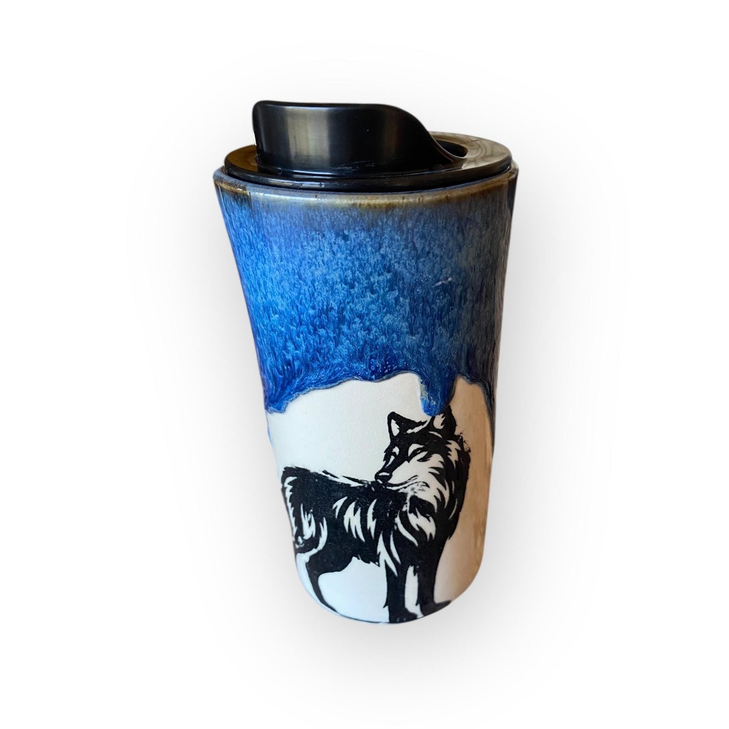 Handmade Wolf Travel Mug – 16 oz Stoneware Ceramic with Locking Lid | Silkscreened Artisan Coffee & Tea Cup