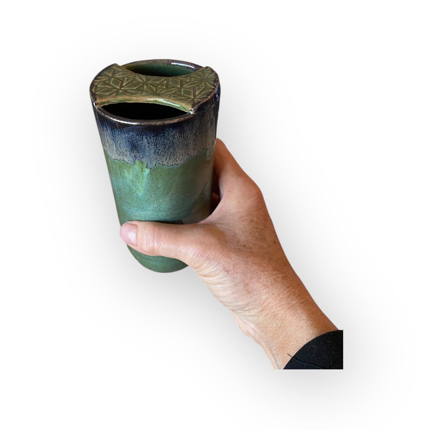 Plastic-Free Ceramic Travel Mug – 16 oz Handmade Stoneware Tumbler with Attached Lid in Reactive Purple Glaze | Eco-Friendly Pottery Cup