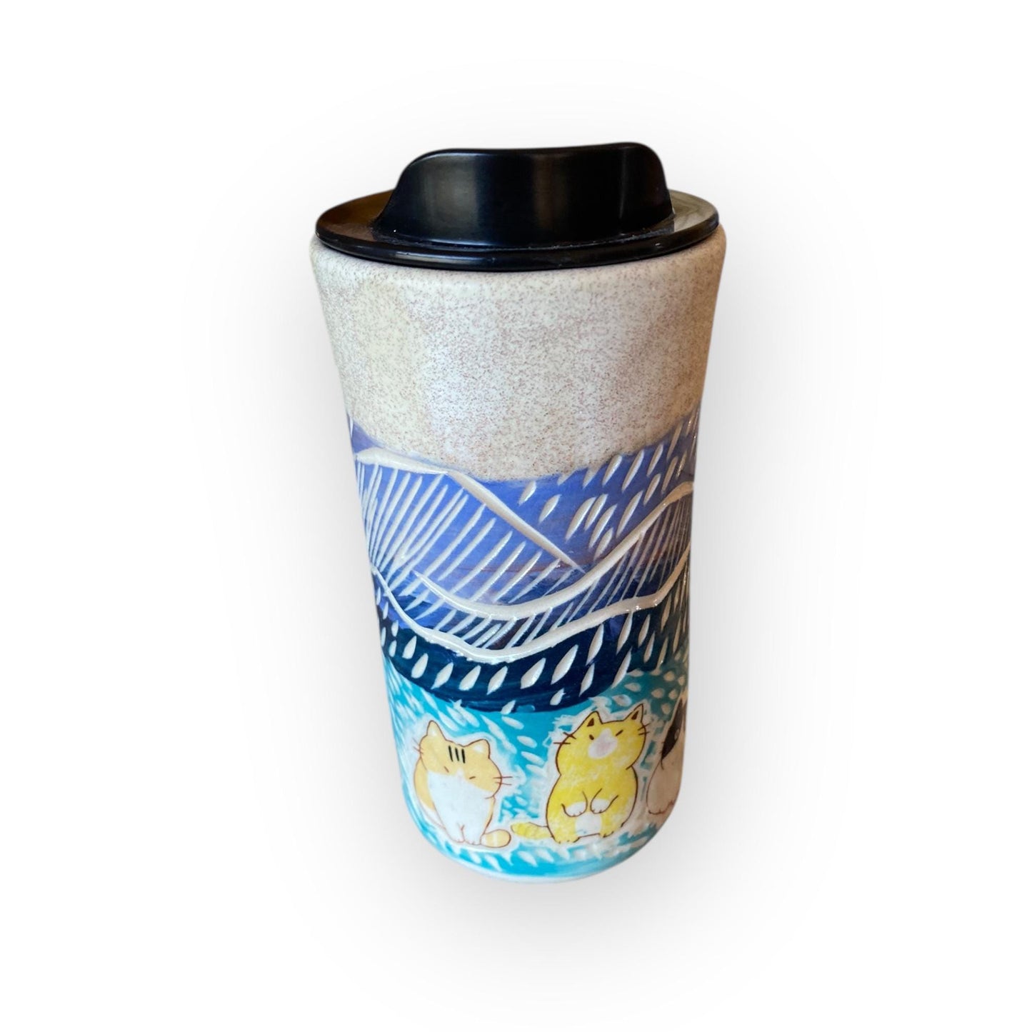 Handcrafted Cat Travel Mug – 16 oz Porcelain Sgraffito Stoneware Coffee Cup | Carved Ceramic Mug for Commuters & Cat Lovers
