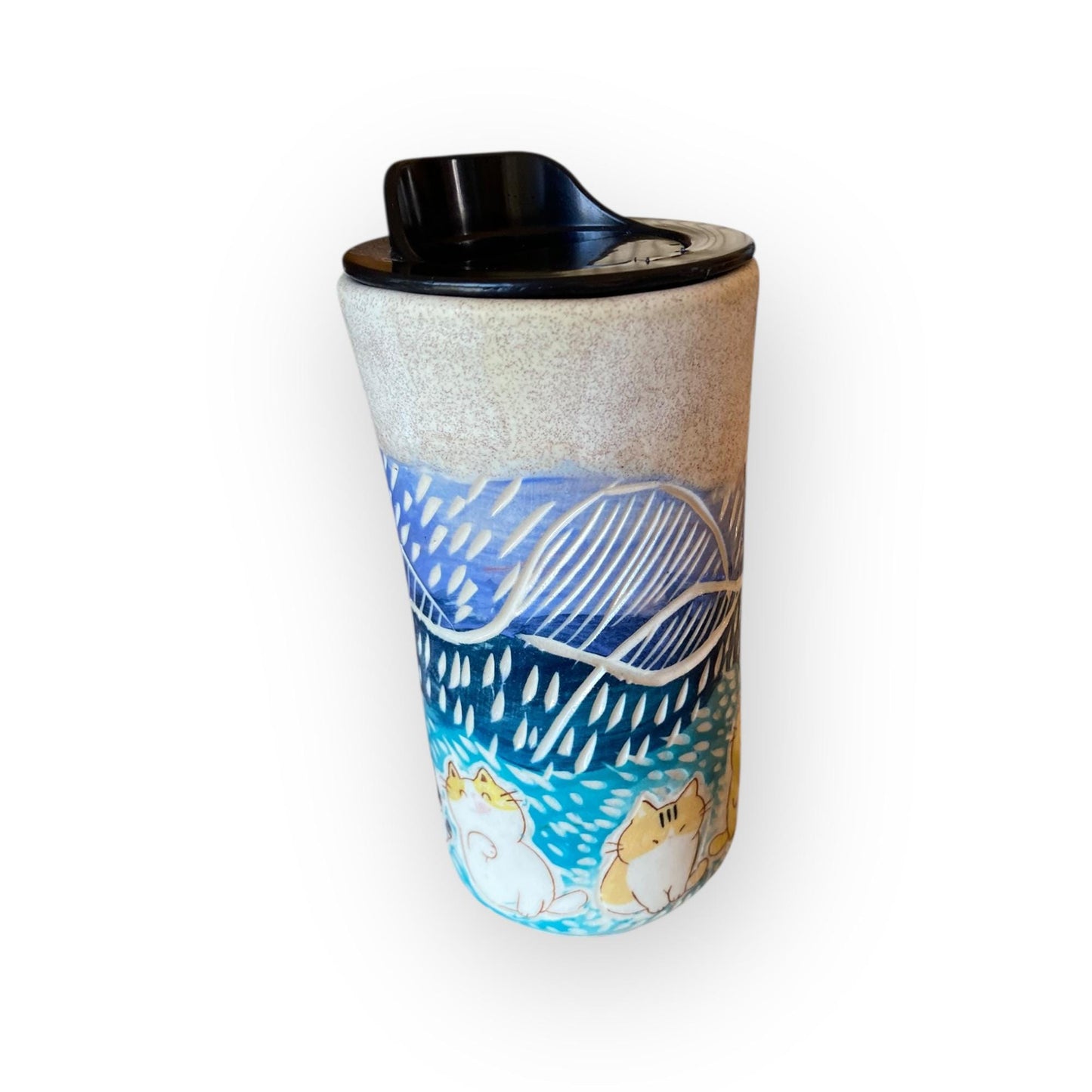 Handcrafted Cat Travel Mug – 16 oz Porcelain Sgraffito Stoneware Coffee Cup | Carved Ceramic Mug for Commuters & Cat Lovers