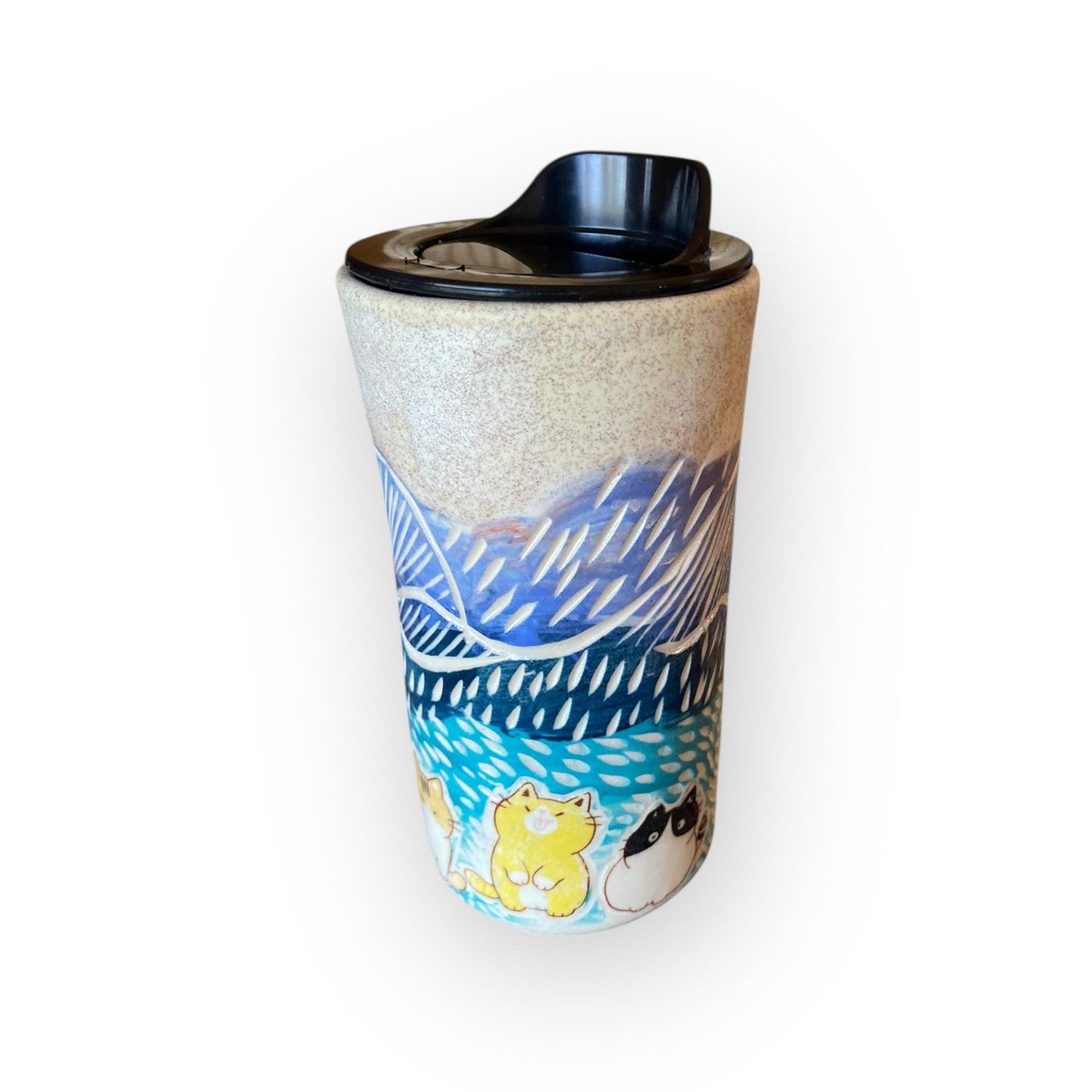 Handcrafted Cat Travel Mug – 16 oz Porcelain Sgraffito Stoneware Coffee Cup | Carved Ceramic Mug for Commuters & Cat Lovers