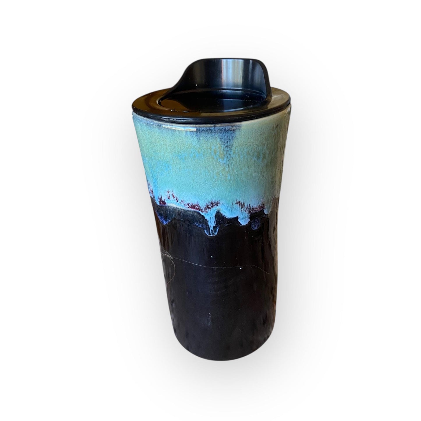 Handmade Reactive Turquoise & Black Travel Mug – 16 oz Porcelain Stoneware Coffee Cup | Artisan Ceramic Pottery Mug for Commuters