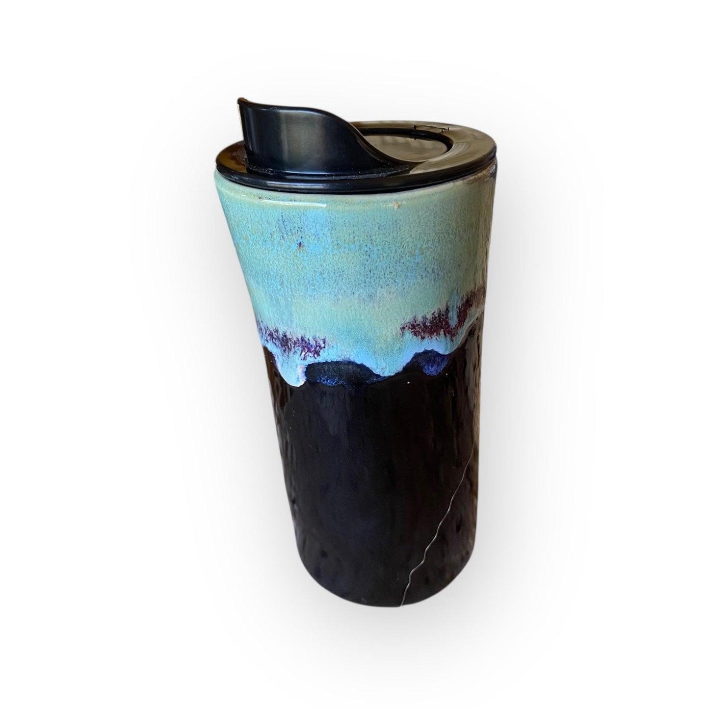 Handmade Reactive Turquoise & Black Travel Mug – 16 oz Porcelain Stoneware Coffee Cup | Artisan Ceramic Pottery Mug for Commuters