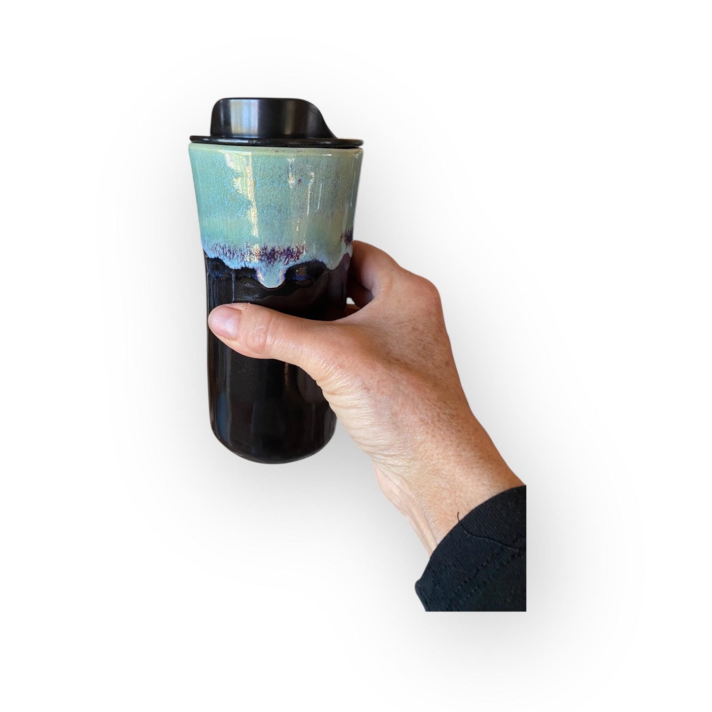 Handmade Reactive Turquoise & Black Travel Mug – 16 oz Porcelain Stoneware Coffee Cup | Artisan Ceramic Pottery Mug for Commuters