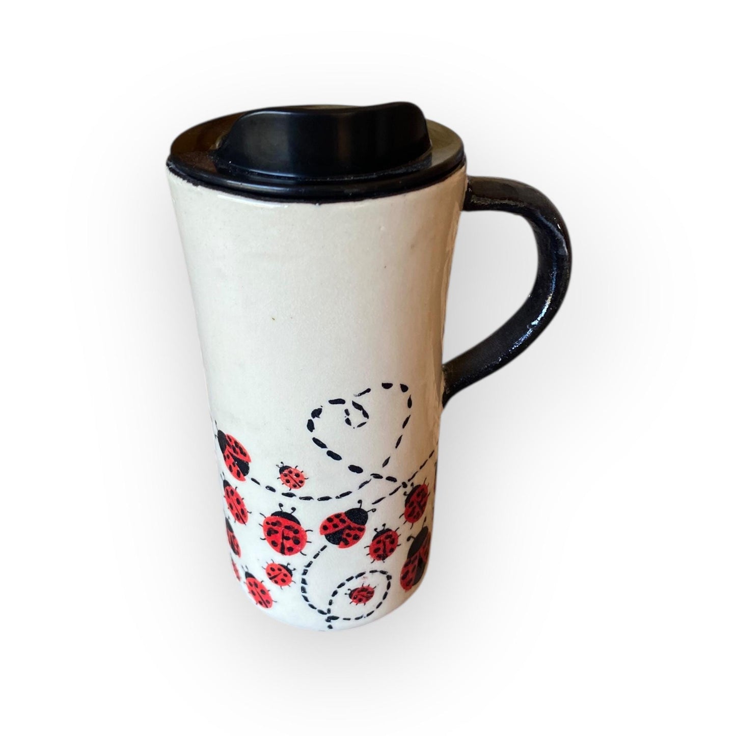 Large 16 oz Ladybug Travel Mug – Handmade Stoneware Coffee Cup with BPA-Free Locking Lid | Pottery To-Go Mug | Artisan Ceramic Mug