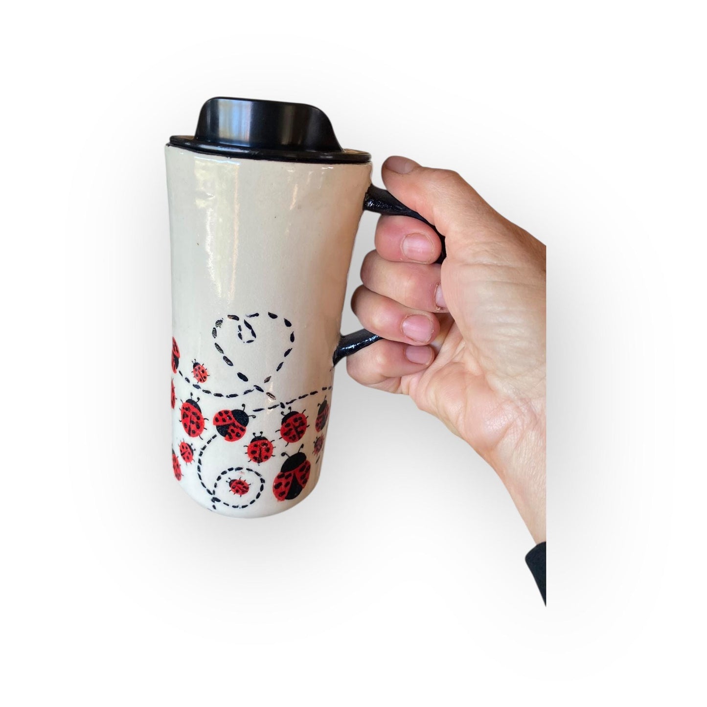 Large 16 oz Ladybug Travel Mug – Handmade Stoneware Coffee Cup with BPA-Free Locking Lid | Pottery To-Go Mug | Artisan Ceramic Mug