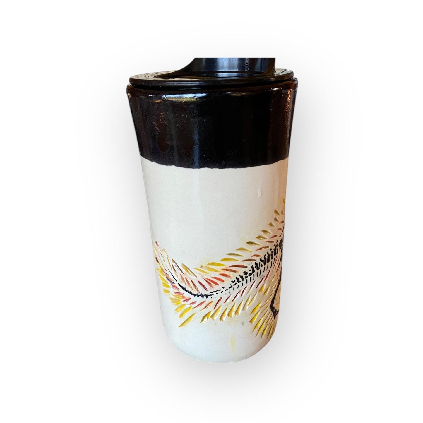 Handmade T-Rex Travel Mug – 16 oz Porcelain Stoneware Coffee Cup with Carved Design & Locking Lid | Artisan Ceramic Mug for Commuters
