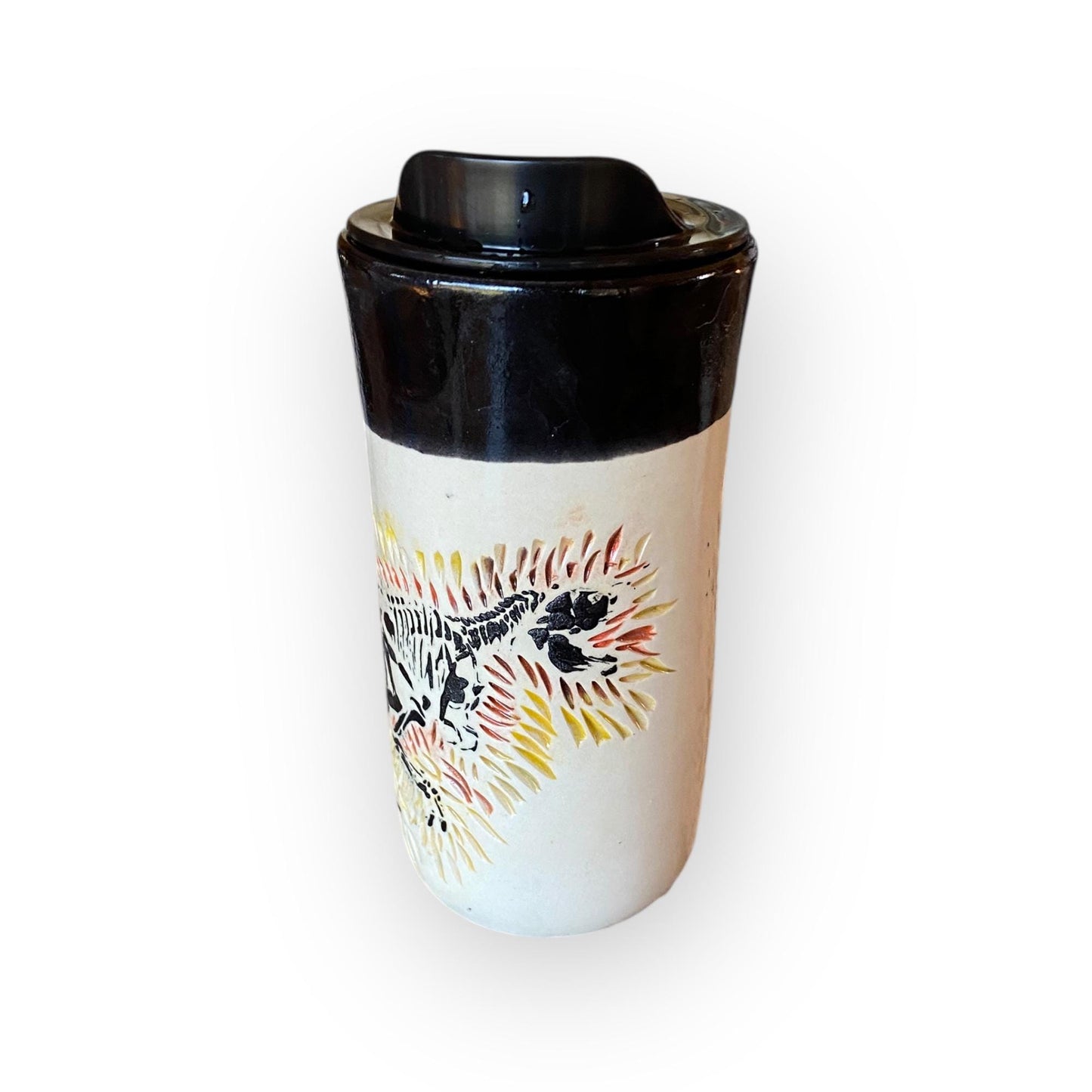 Handmade T-Rex Travel Mug – 16 oz Porcelain Stoneware Coffee Cup with Carved Design & Locking Lid | Artisan Ceramic Mug for Commuters